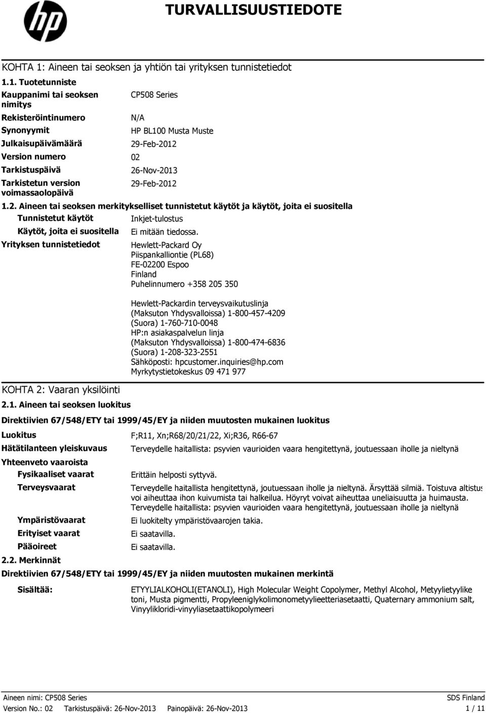 1. Tuotetunniste Kauppanimi tai seoksen nimitys Rekisteröintinumero Synonyymit Julkaisupäivämäärä CP508 Series N/A Version numero 02 Tarkistuspäivä Tarkistetun version voimassaolopäivä HP BL100 Musta
