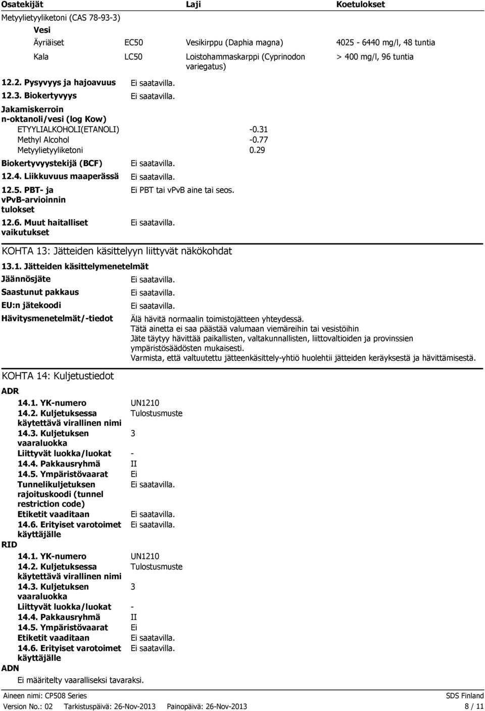 Liikkuvuus maaperässä 12.5. PBT ja vpvbarvioinnin tulokset 12.6. Muut haitalliset vaikutukset Ei PBT tai vpvb aine tai seos. KOHTA 13: Jätteiden käsittelyyn liittyvät näkökohdat 13.1. Jätteiden käsittelymenetelmät Jäännösjäte Saastunut pakkaus EU:n jätekoodi Hävitysmenetelmät/tiedot KOHTA 14: Kuljetustiedot ADR 14.