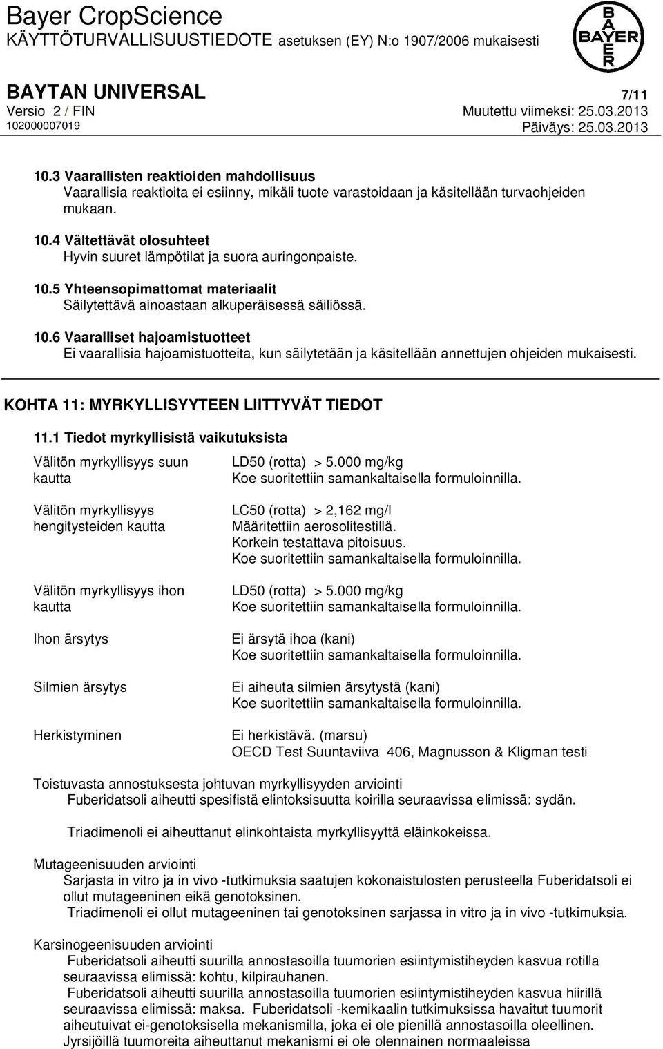 6 Vaaralliset hajoamistuotteet Ei vaarallisia hajoamistuotteita, kun säilytetään ja käsitellään annettujen ohjeiden mukaisesti. KOHTA 11: MYRKYLLISYYTEEN LIITTYVÄT TIEDOT 11.