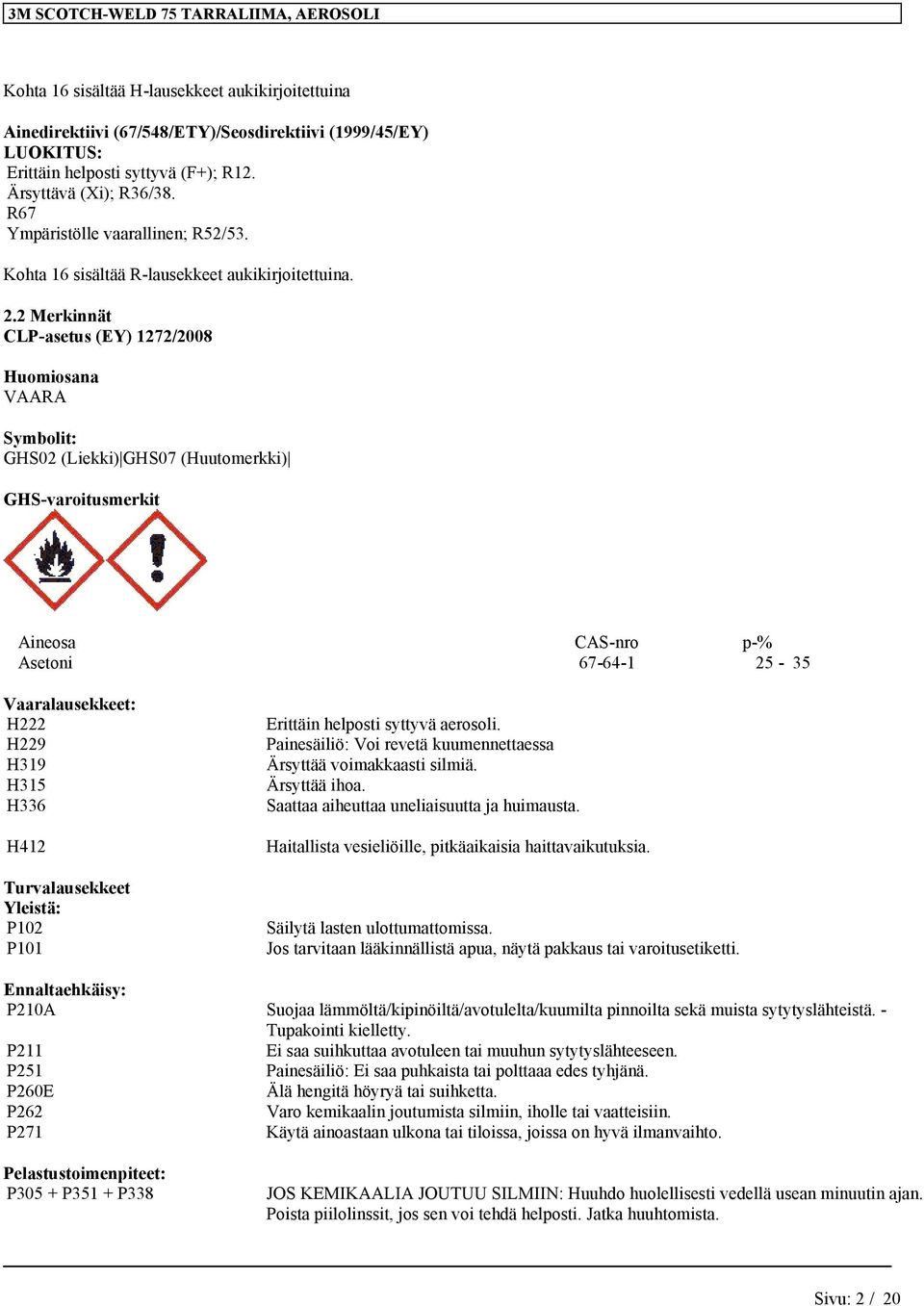 2 Merkinnät CLP-asetus (EY) 1272/2008 Huomiosana VAARA Symbolit: GHS02 (Liekki) GHS07 (Huutomerkki) GHS-varoitusmerkit Aineosa CAS-nro p-% Asetoni 67-64-1 25-35 Vaaralausekkeet: H222 H229 H319 H315