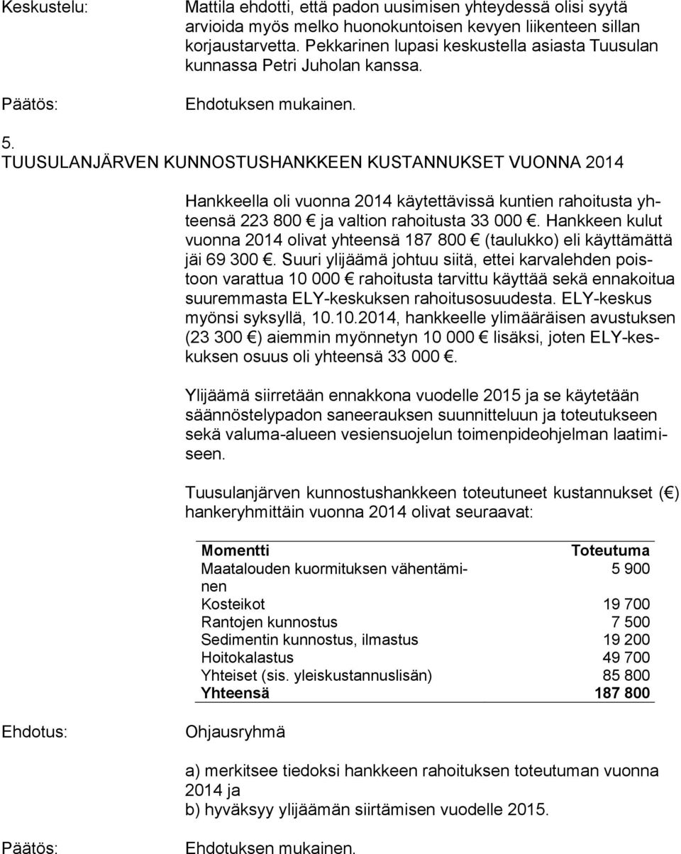 TUUSULANJÄRVEN KUNNOSTUSHANKKEEN KUSTANNUKSET VUONNA 2014 Hankkeella oli vuonna 2014 käytettävissä kuntien rahoitusta yhteensä 223 800 ja valtion rahoitusta 33 000.