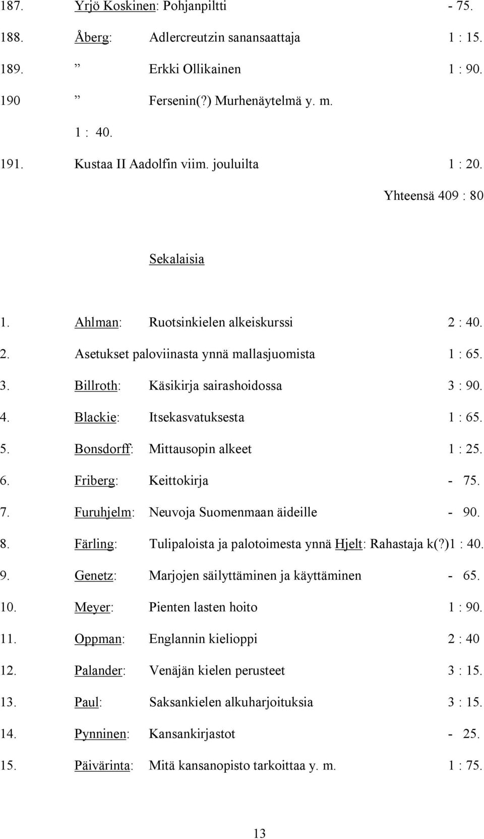 5. Bonsdorff: Mittausopin alkeet 1 : 25. 6. Friberg: Keittokirja - 75. 7. Furuhjelm: Neuvoja Suomenmaan äideille - 90. 8. Färling: Tulipaloista ja palotoimesta ynnä Hjelt: Rahastaja k(?)1 : 40. 9. Genetz: Marjojen säilyttäminen ja käyttäminen - 65.