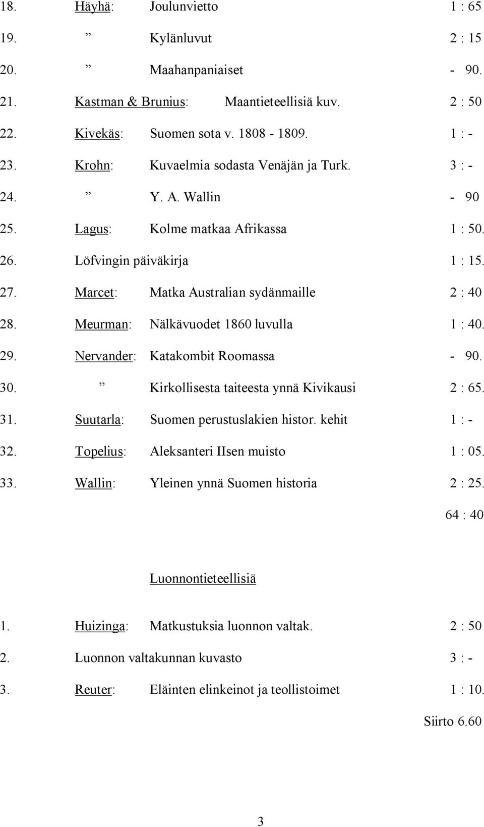 Meurman: Nälkävuodet 1860 luvulla 1 : 40. 29. Nervander: Katakombit Roomassa - 90. 30. Kirkollisesta taiteesta ynnä Kivikausi 2 : 65. 31. Suutarla: Suomen perustuslakien histor. kehit 1 : - 32.