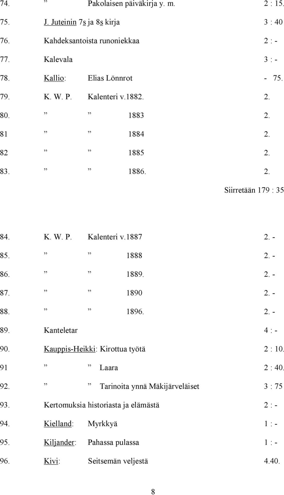 - 85. 1888 2. - 86. 1889. 2. - 87. 1890 2. - 88. 1896. 2. - 89. Kanteletar 4 : - 90. Kauppis-Heikki: Kirottua työtä 2 : 10. 91 Laara 2 : 40. 92.