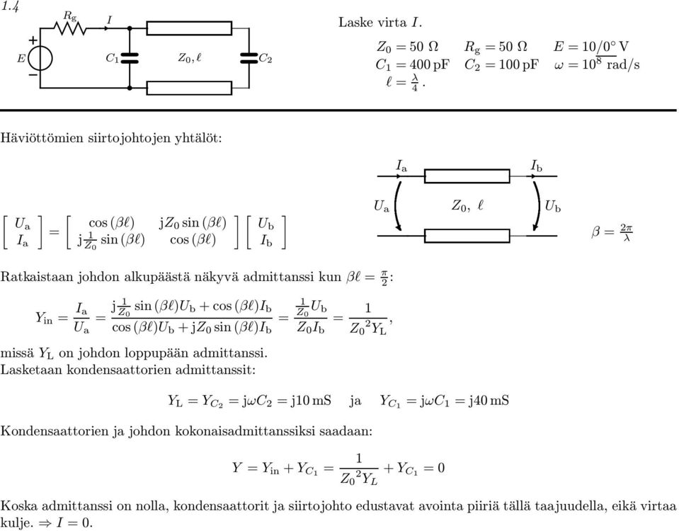 näkyvä admittani kun βl π 2 : Y in I a j Z 0 in (βl)u b +co(βl)i b U a co (βl)u b +jz 0 in (βl)i b miä Y on johdon loppupään admittani.