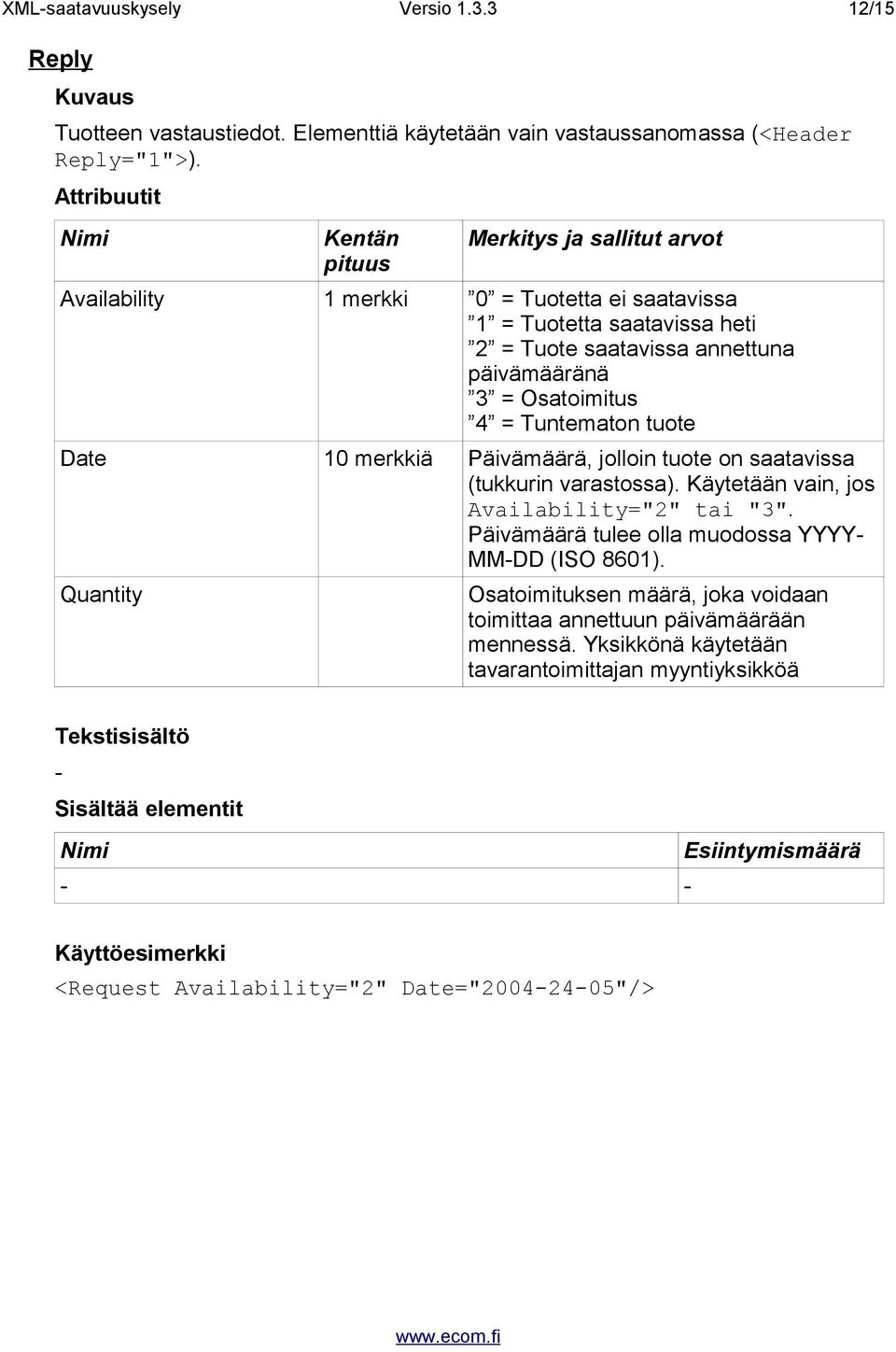 merkkiä Päivämäärä, jolloin tuote on saatavissa (tukkurin varastossa). Käytetään vain, jos Availability="2" tai "3".