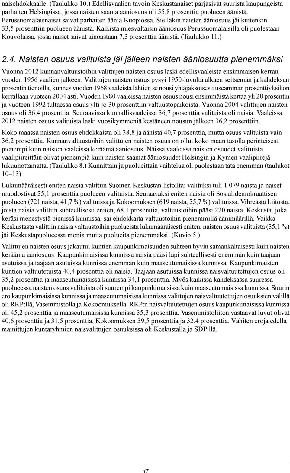 Kaikista miesvaltaisin ääni Perussuomalaisilla oli puolestaan Kouvolassa, jossa naiset saivat ainoastaan 7,3 prosenttia äänistä. (Taulukko 11.) 2.4.