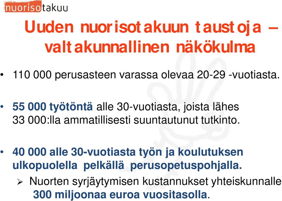 55 000 työtöntä alle 30-vuotiasta, joista lähes 33 000:lla ammatillisesti suuntautunut