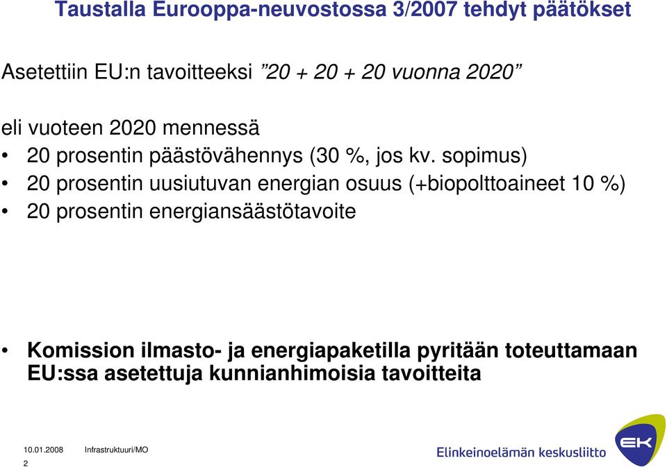 sopimus) 20 prosentin uusiutuvan energian osuus (+biopolttoaineet 10 %) 20 prosentin