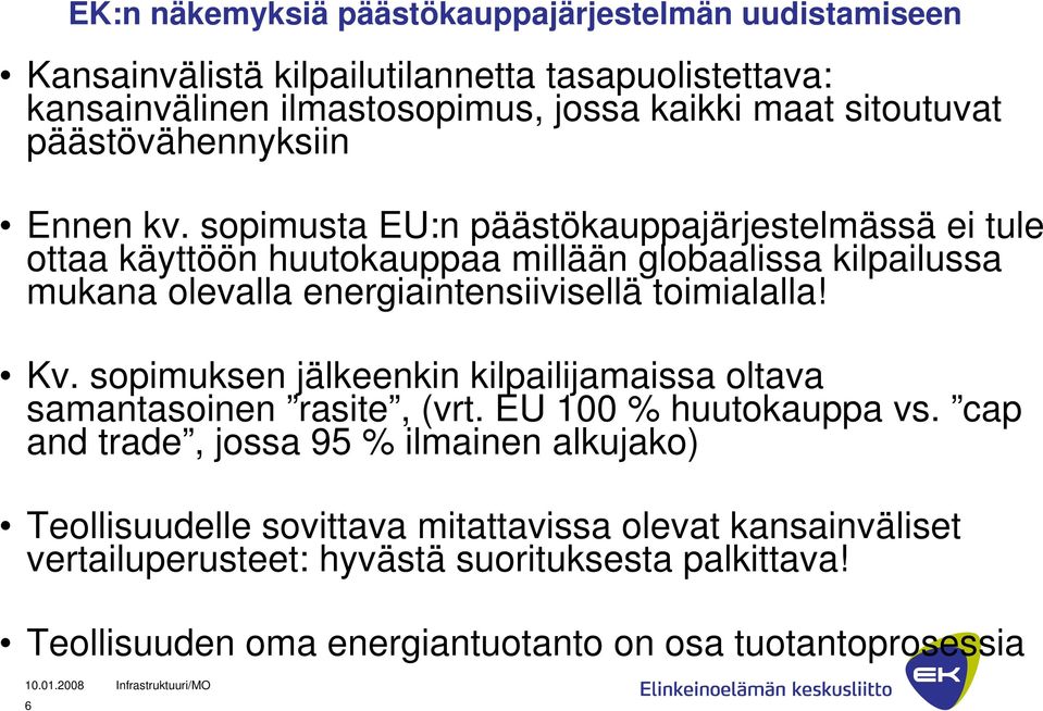 sopimusta EU:n päästökauppajärjestelmässä ei tule ottaa käyttöön huutokauppaa millään globaalissa kilpailussa mukana olevalla energiaintensiivisellä toimialalla! Kv.