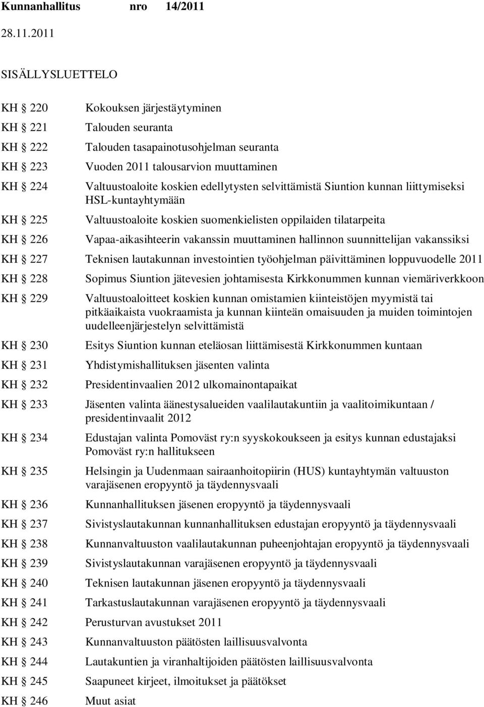 hallinnon suunnittelijan vakanssiksi KH 227 Teknisen lautakunnan investointien työohjelman päivittäminen loppuvuodelle 2011 KH 228 KH 229 KH 230 KH 231 KH 232 Sopimus n jätevesien johtamisesta