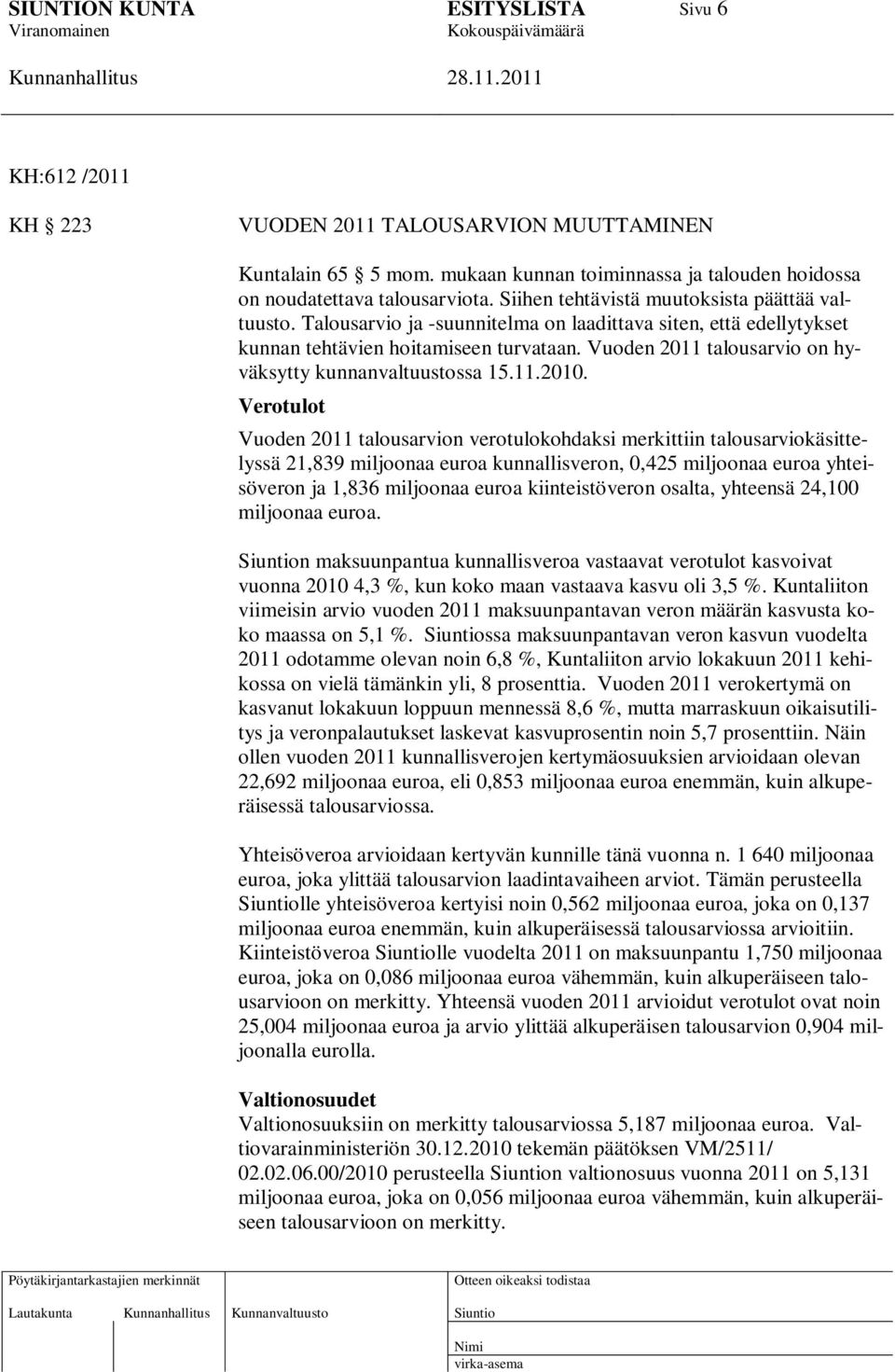 Vuoden 2011 talousarvio on hyväksytty kunnanvaltuustossa 15.11.2010.