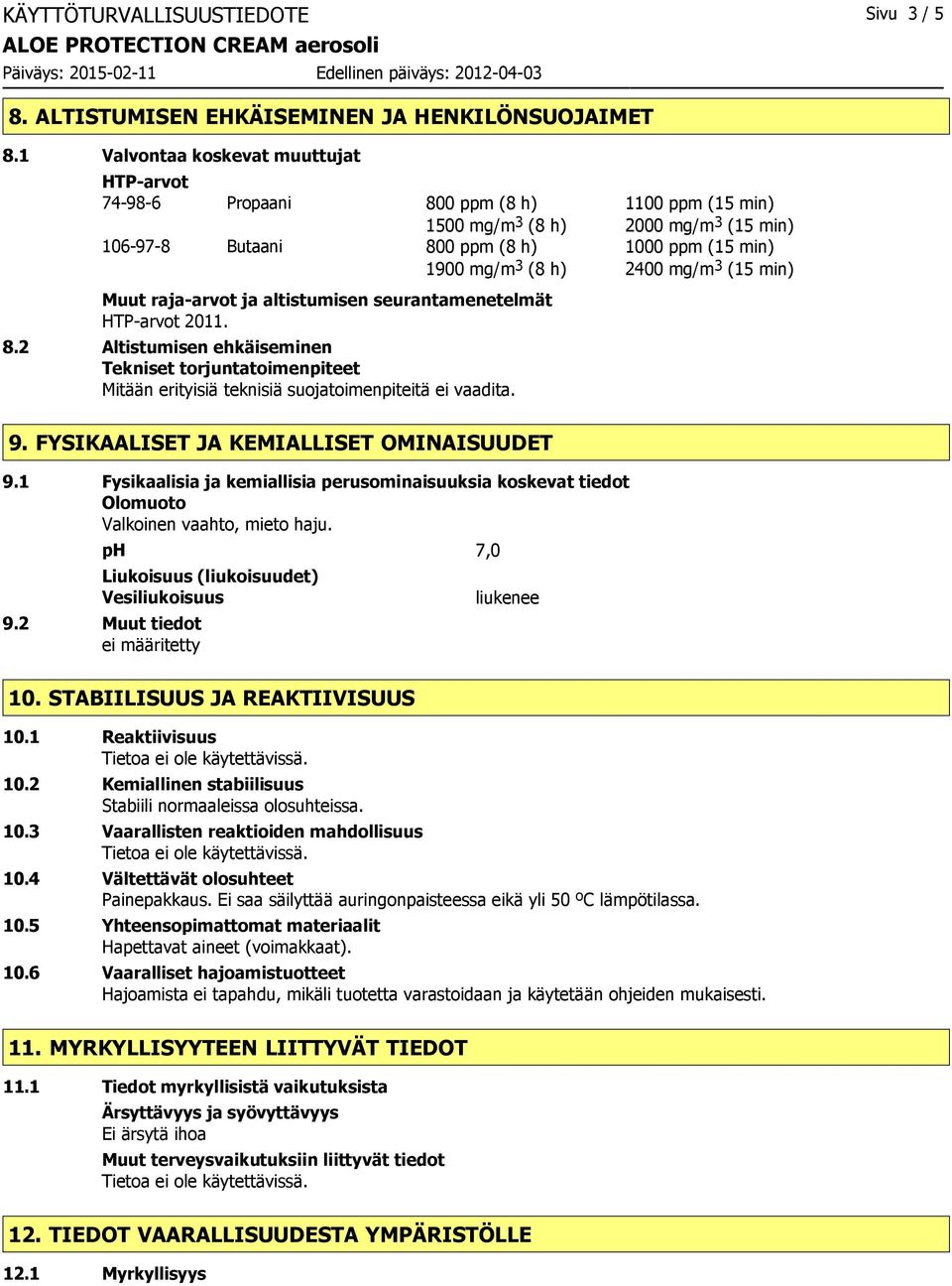 2400 mg/m 3 (15 min) Muut raja-arvot ja altistumisen seurantamenetelmät HTP-arvot 2011. 8.