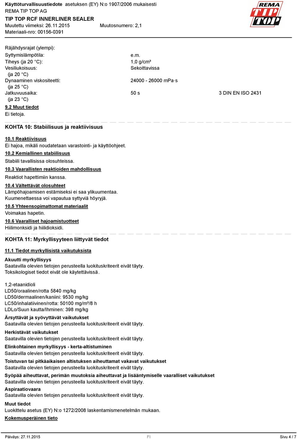 10.4 Vältettävät olosuhteet Lämpöhajoamisen estämiseksi ei saa ylikuumentaa. Kuumenettaessa voi vapautua syttyviä höyryjä. 10.5 Yhteensopimattomat materiaalit Voimakas hapetin. 10.6 Vaaralliset hajoamistuotteet Hiilimonksidi ja hiilidioksidi.