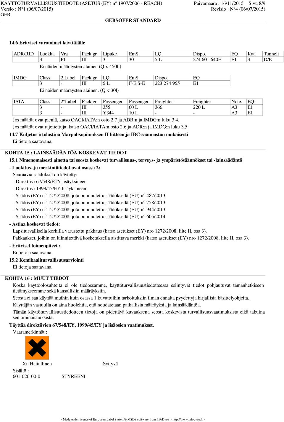 (Q < 30l) IATA Class 2 Label Pack.gr Passenger Passenger Freighter Freighter Note. EQ 3 - III 355 60 L 366 220 L A3 E1 3 - III Y344 10 L - - A3 E1 Jos määrät ovat pieniä, katso OACI/IATA:n osio 2.