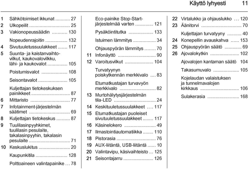 .. 77 7 Infotainment-järjestelmän säätimet... 69 8 Kuljettajan tietokeskus... 87 9 Tuulilasinpyyhkimet, tuulilasin pesulaite, takalasinpyyhin, takalasin pesulaite... 71 10 Keskuslukitus.