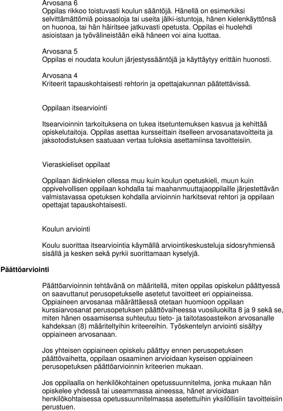 Oppilas ei huolehdi asioistaan ja työvälineistään eikä häneen voi aina luottaa. Arvosana 5 Oppilas ei noudata koulun järjestyssääntöjä ja käyttäytyy erittäin huonosti.