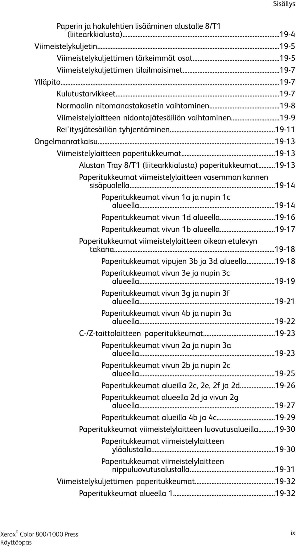 ..19-11 Ongelmanratkaisu...19-13 Viimeistelylaitteen paperitukkeumat...19-13 Alustan Tray 8/T1 (liitearkkialusta) paperitukkeumat.