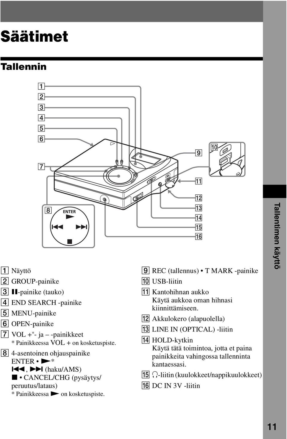 I REC (tallennus) T MARK -painike J USB-liitin K Kantohihnan aukko Käytä aukkoa oman hihnasi kiinnittämiseen.