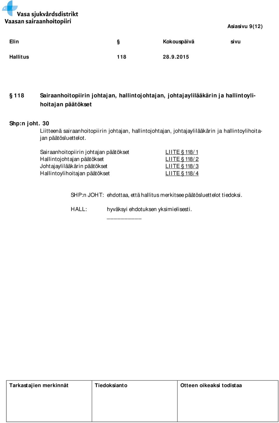 Sairaanhoitopiirin johtajan päätökset LIITE 118/1 Hallintojohtajan päätökset LIITE 118/2 Johtajaylilääkärin päätökset LIITE 118/3