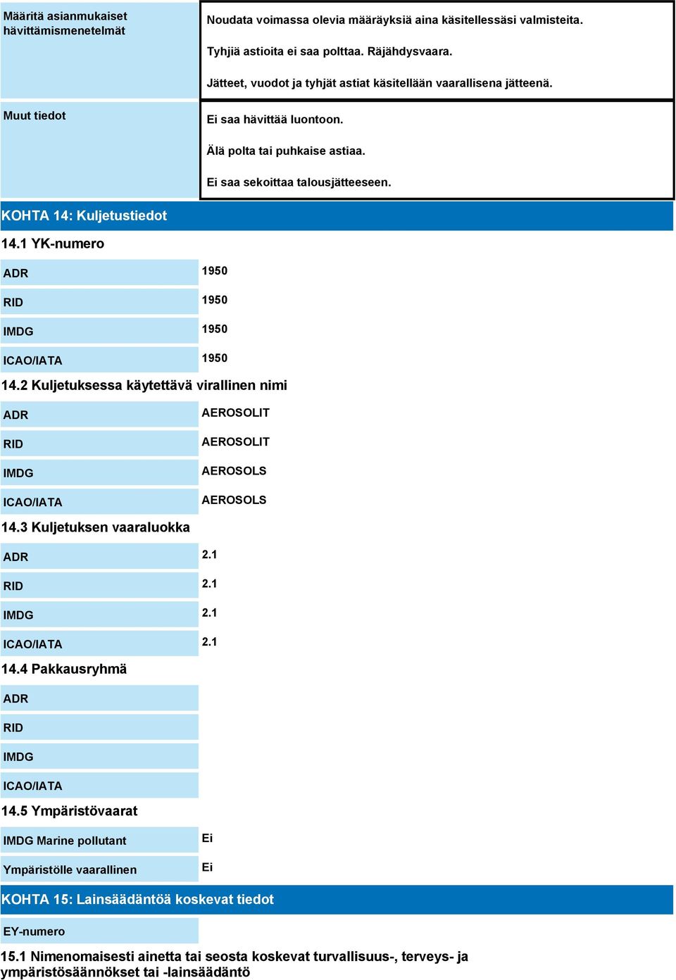 1 YK-numero ADR 1950 RID 1950 IMDG 1950 ICAO/IATA 1950 14.2 Kuljetuksessa käytettävä virallinen nimi ADR RID IMDG ICAO/IATA AEROSOLIT AEROSOLIT AEROSOLS AEROSOLS 14.3 Kuljetuksen vaaraluokka ADR 2.