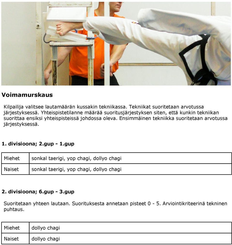 Ensimmäinen tekniikka suoritetaan arvotussa järjestyksessä. 1. divisioona; 2.gup - 1.