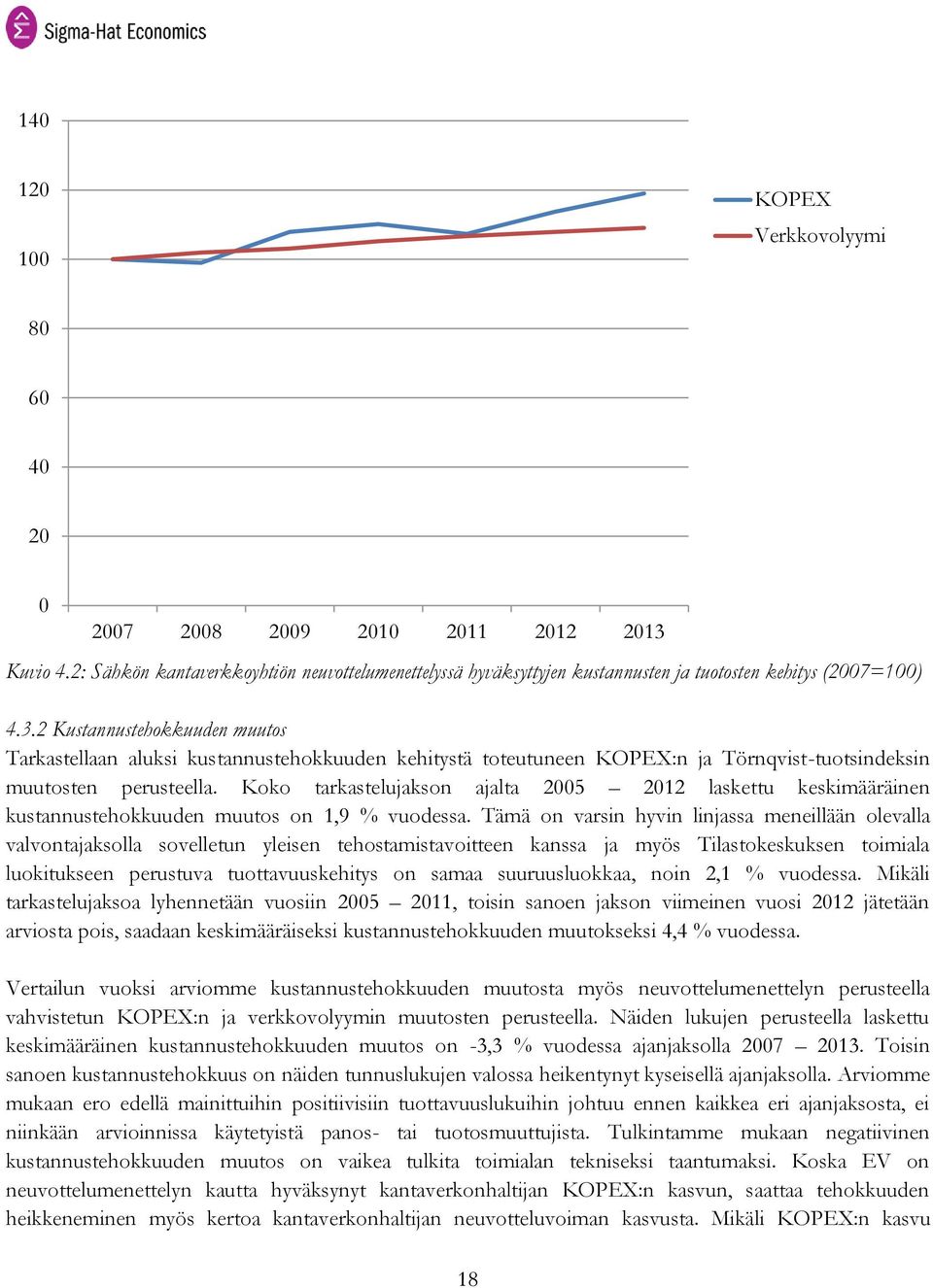 2 Kustannustehokkuuden muutos Tarkastellaan aluksi kustannustehokkuuden kehitystä toteutuneen KOPEX:n ja Törnqvist-tuotsindeksin muutosten perusteella.