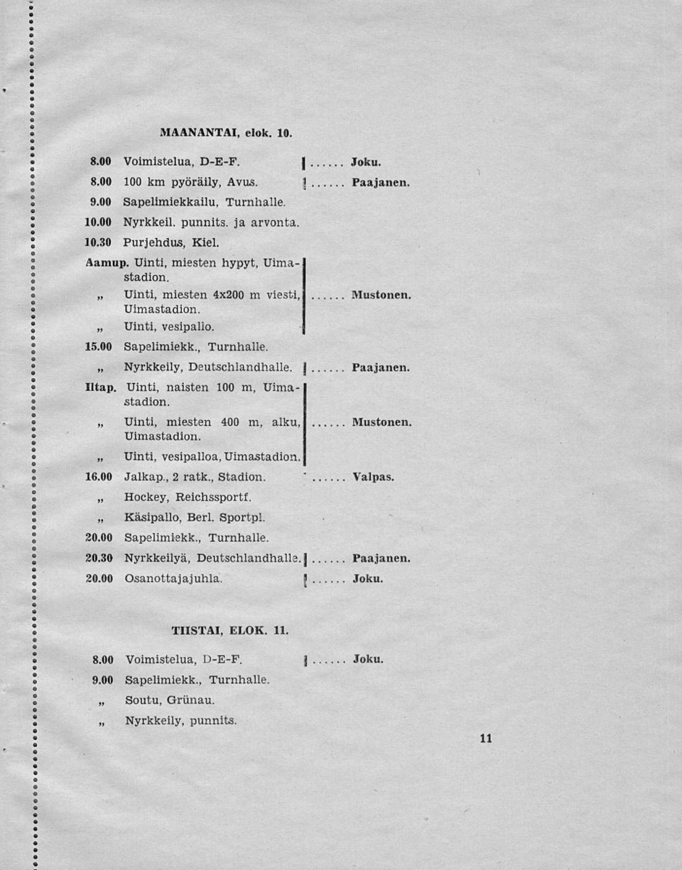 Uinti, naisten 100 m, Uinti, Uinti, miesten 400 m, alku, vesipalloa, 16.00 Jalkap., 2 ratk., Stadion. Hockey, Reichssportf. Käsipallo, Berl. Sportpl. 20.00 Sapelimiekk.