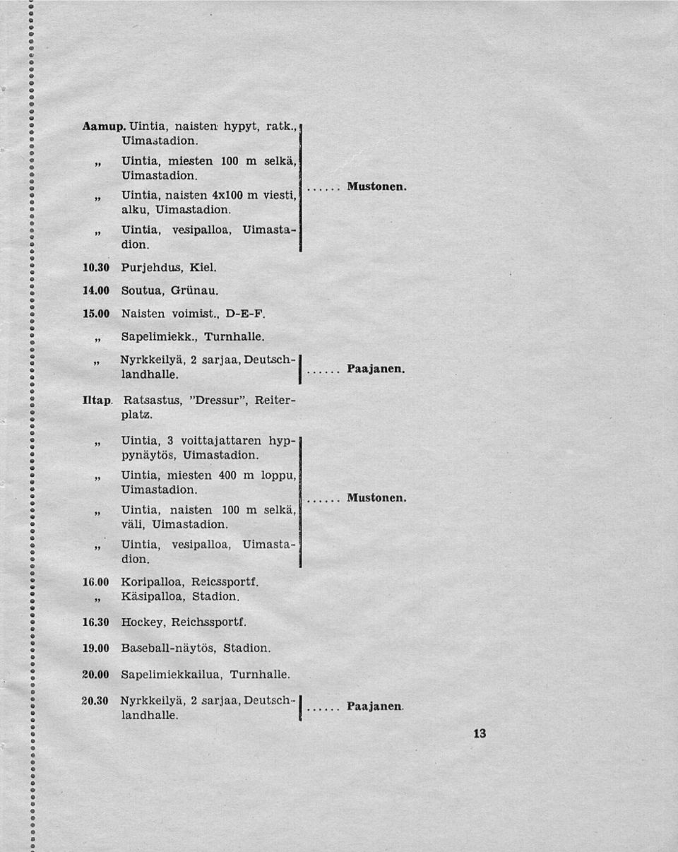 Uintia, Uintia, Uintia, Uintia, 3 voittajattaren hyppynäytös, miesten 400 m loppu, naisten 100 m selkä, väli, vesipalloa, 16.00 Koripalloa, Reicssportf.