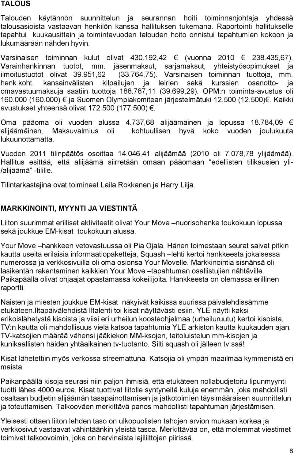 192,42 (vuonna 2010 238.435,67). Varainhankinnan tuotot, mm. jäsenmaksut, sarjamaksut, yhteistyösopimukset ja ilmoitustuotot olivat 39.951,62 (33.764,75). Varsinaisen toiminnan tuottoja, mm. henk.