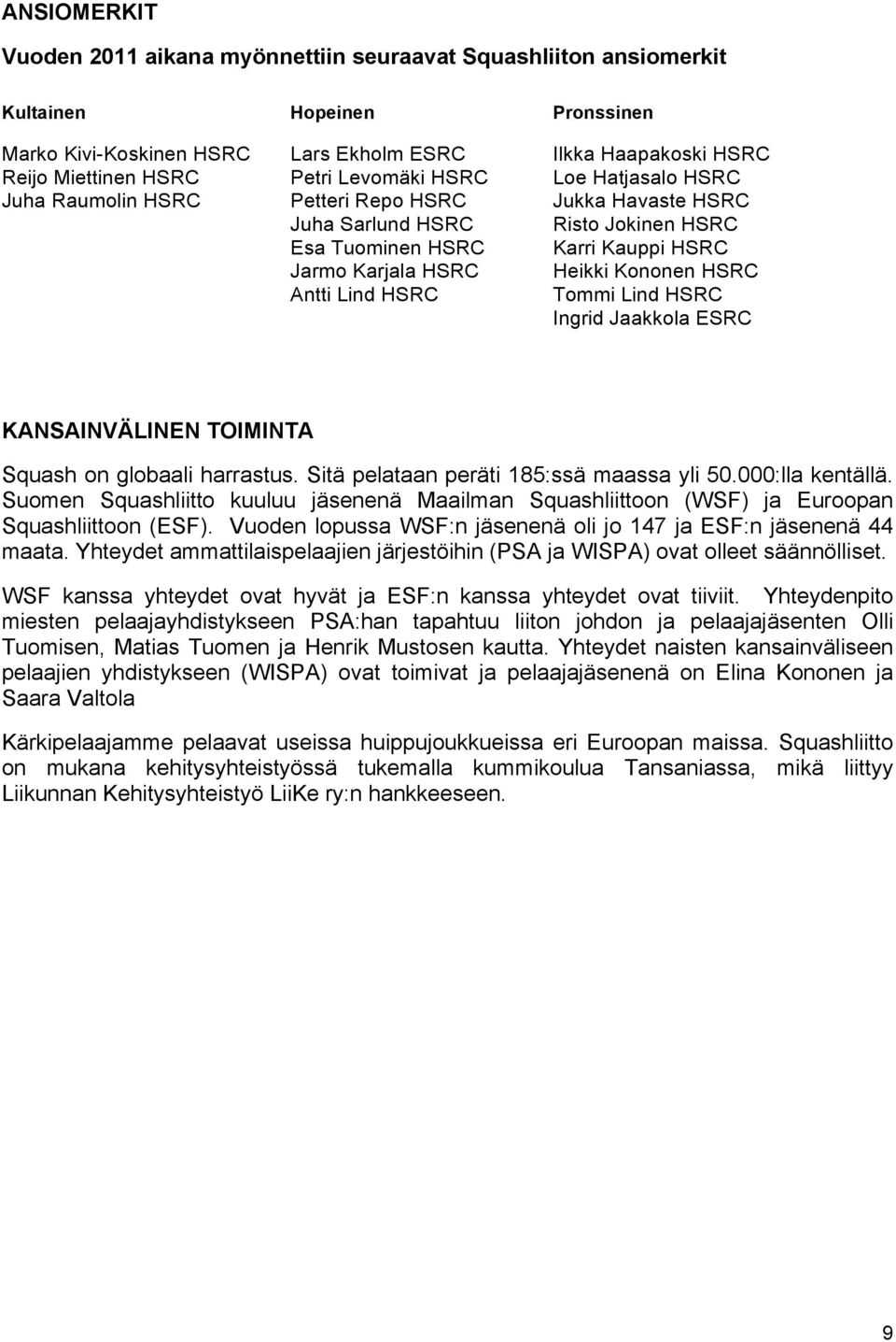 Heikki Kononen HSRC Tommi Lind HSRC Ingrid Jaakkola ESRC KANSAINVÄLINEN TOIMINTA Squash on globaali harrastus. Sitä pelataan peräti 185:ssä maassa yli 50.000:lla kentällä.