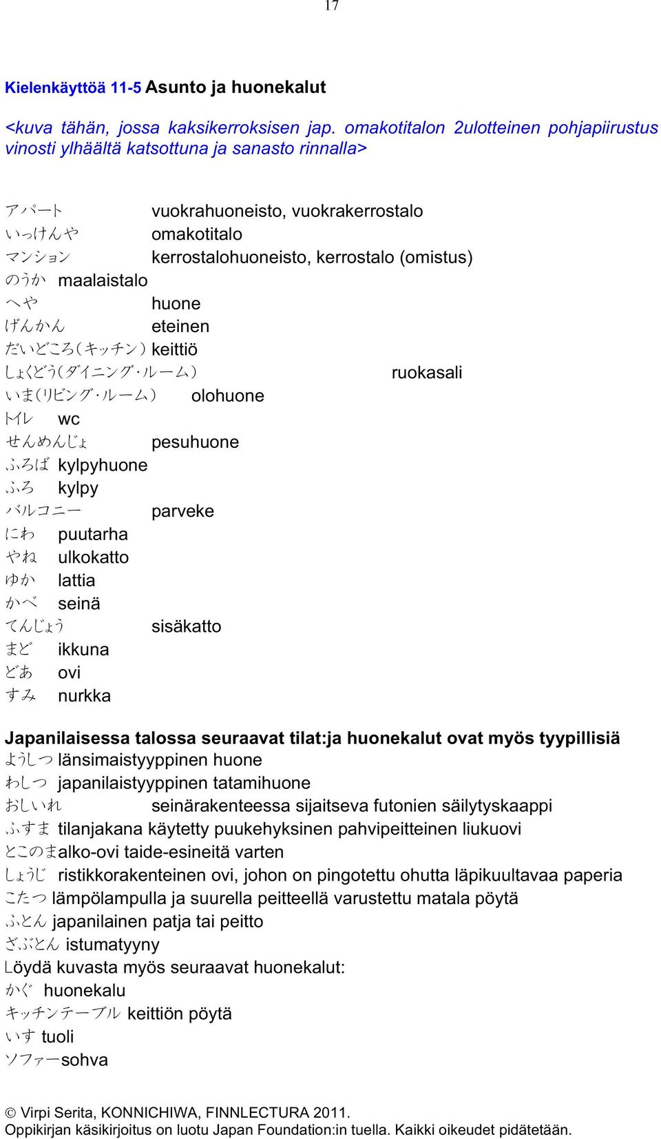 eteinen keittiö ruokasali olohuone wc pesuhuone kylpyhuone kylpy parveke puutarha ulkokatto lattia seinä sisäkatto ikkuna ovi nurkka Japanilaisessa talossa seuraavat tilat:ja huonekalut ovat myös