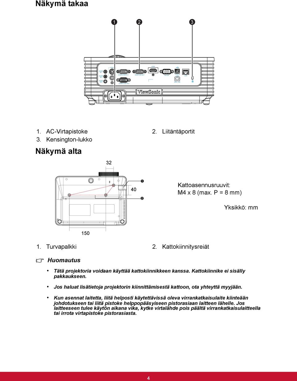 Jos haluat lisätietoja projektorin kiinnittämisestä kattoon, ota yhteyttä myyjään.