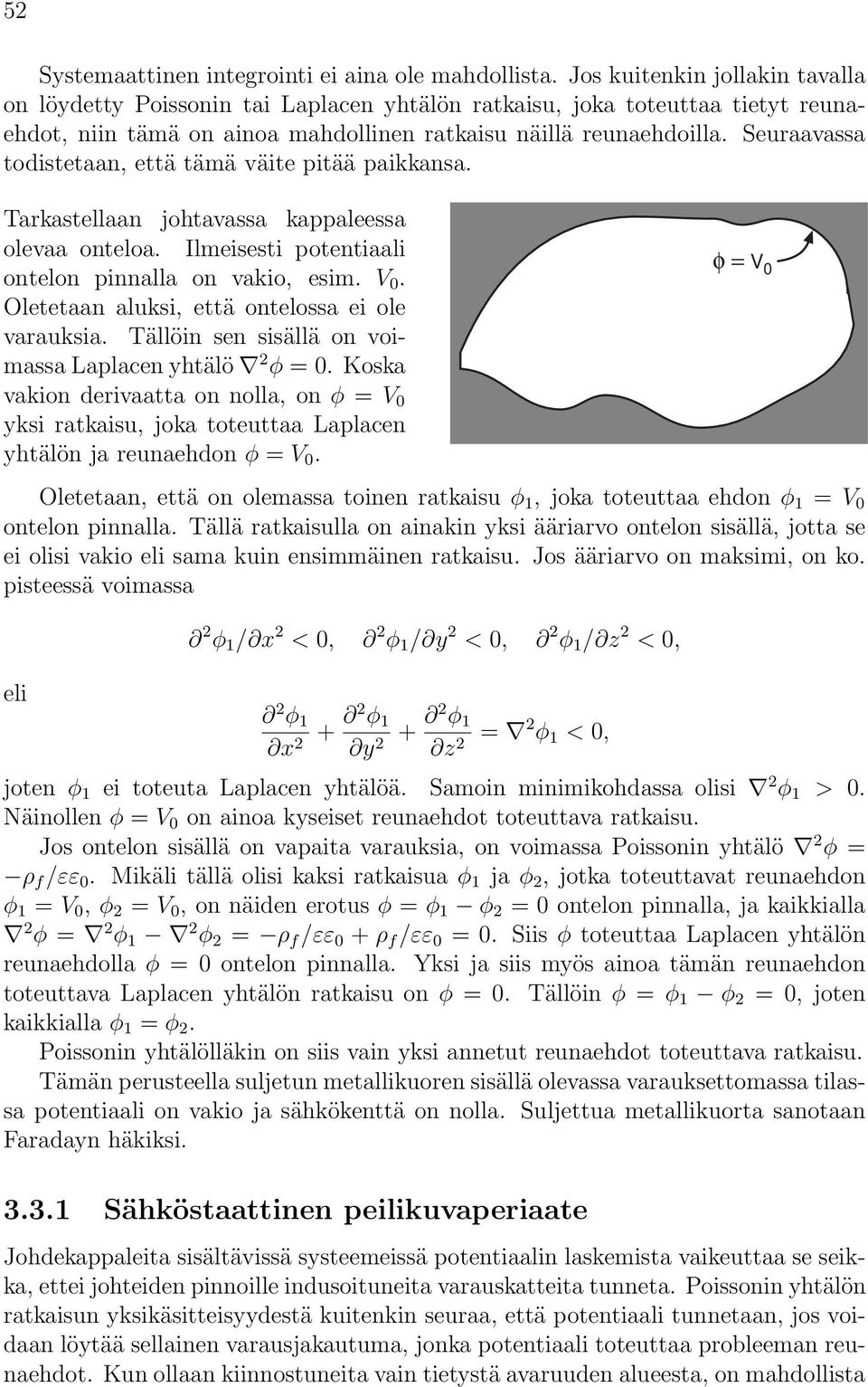 Seuaavassa todistetaan, että tämä väite pitää paikkansa. Takastellaan johtavassa kappaleessa olevaa onteloa. Ilmeisesti potentiaali ontelon pinnalla on vakio, esim. 0.