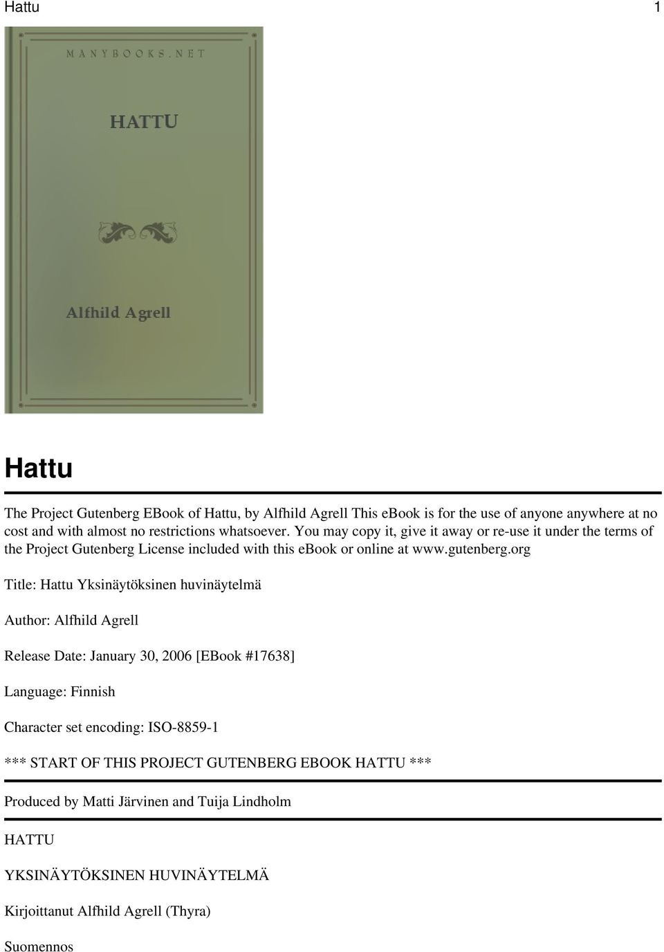 org Title: Hattu Yksinäytöksinen huvinäytelmä Author: Alfhild Agrell Release Date: January 30, 2006 [EBook #17638] Language: Finnish Character set encoding: