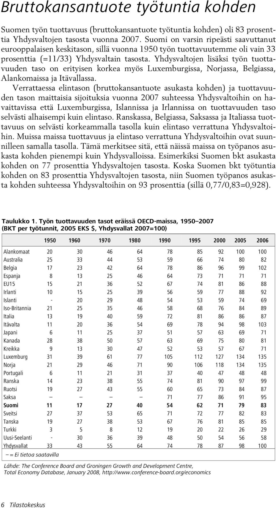 Yhdysvaltojen lisäksi työn tuottavuuden taso on erityisen korkea myös Luxemburgissa, Norjassa, Belgiassa, Alankomaissa ja Itävallassa.