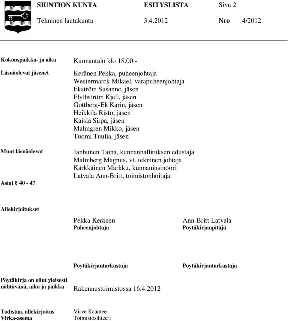 Malmgren Mikko, jäsen Tuomi Tuulia, jäsen Janhunen Taina, kunnanhallituksen edustaja Malmberg Magnus, vt.