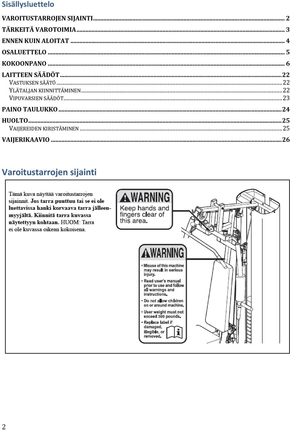 .. 22 VASTUKSEN SÄÄTÖ... 22 YLÄTALJAN KIINNITTÄMINEN... 22 VIPUVARSIEN SÄÄDÖT.