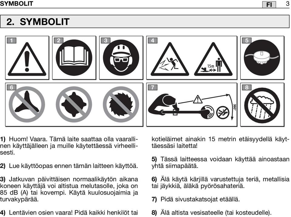 Käytä kuulosuojaimia ja turvakypärää. 4) Lentävien osien vaara! Pidä kaikki henkilöt tai kotieläimet ainakin 15 metrin etäisyydellä käyttäessäsi laitetta!