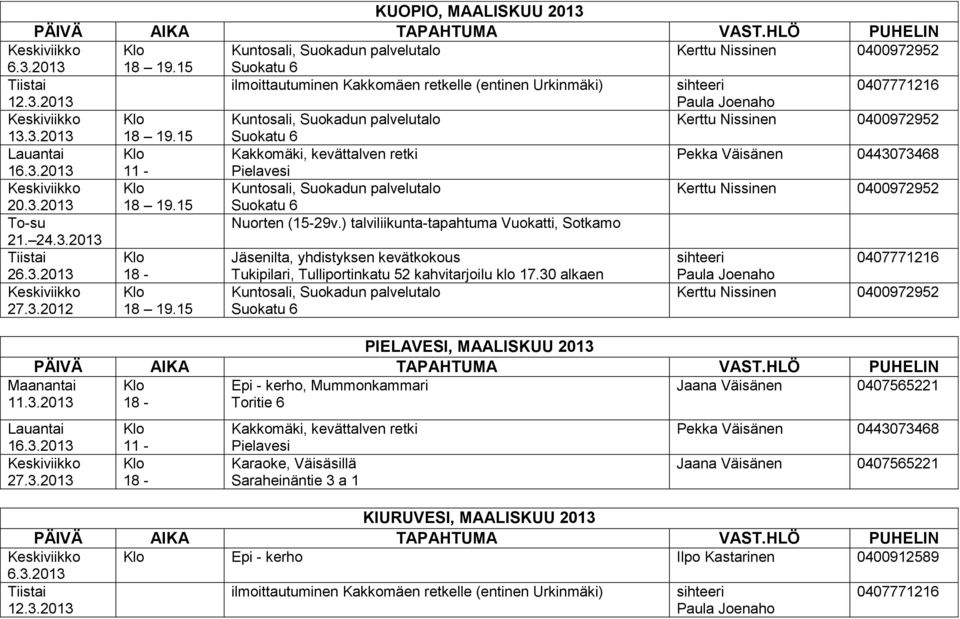 30 alkaen 27.3.2012 PIELAVESI, MAALISKUU 2013 Maanantai 11.3.2013 Epi - kerho, Mummonkammari Lauantai 16.3.2013 27.3.2013 11 - Kakkomäki, kevättalven retki Pielavesi Pekka Väisänen 0443073468 KIURUVESI, MAALISKUU 2013 6.