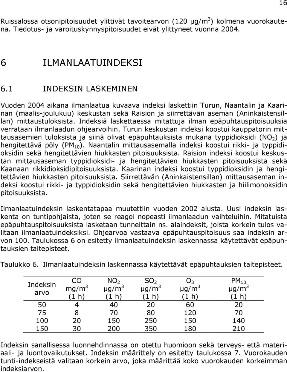 mittaustuloksista. Indeksiä laskettaessa mitattuja ilman epäpuhtauspitoisuuksia verrataan ilmanlaadun ohjearvoihin.