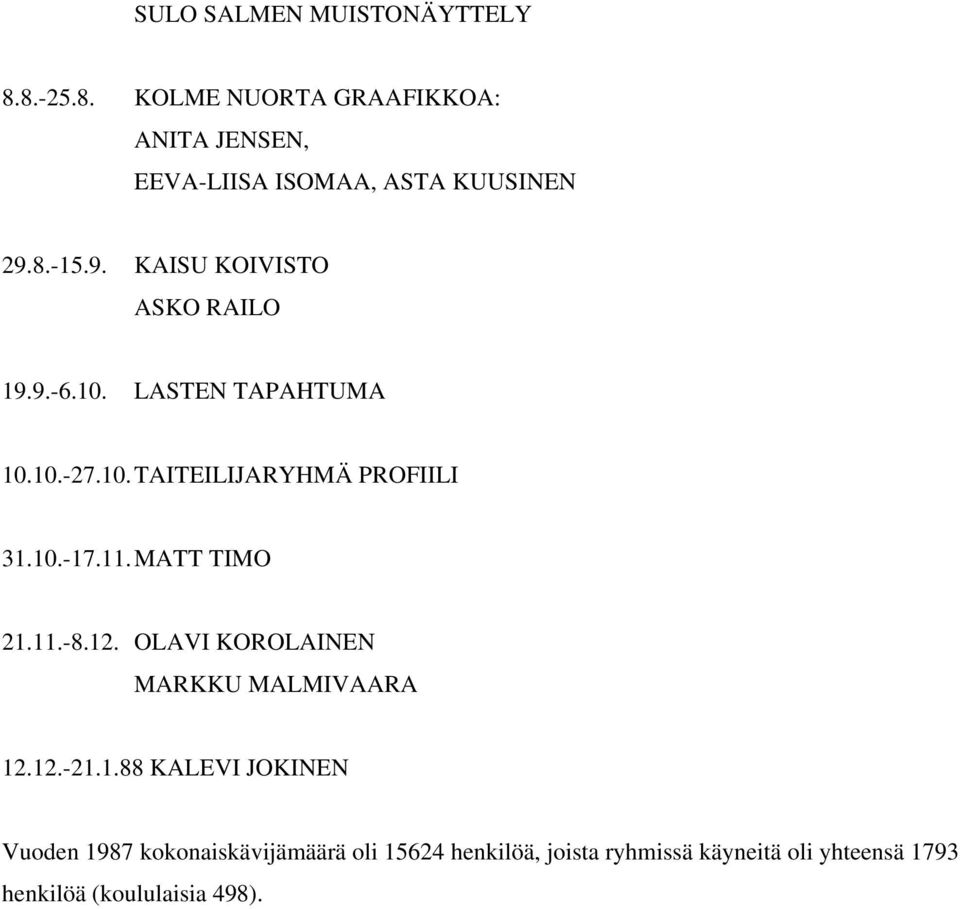 11. MATT TIMO 21.11.-8.12. OLAVI KOROLAINEN MARKKU MALMIVAARA 12.12.-21.1.88 KALEVI JOKINEN Vuoden 1987