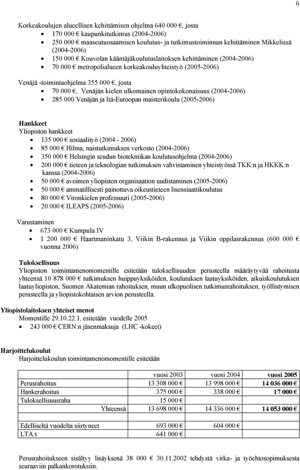 opintokokonaisuus (2004-2006) 285 000 Venäjän ja Itä-Euroopan maisterikoulu (2005-2006) Hankkeet Yliopiston hankkeet 135 000 sosiaalityö (2004-2006) 85 000 Hilma, naistutkimuksen verkosto (2004-2006)