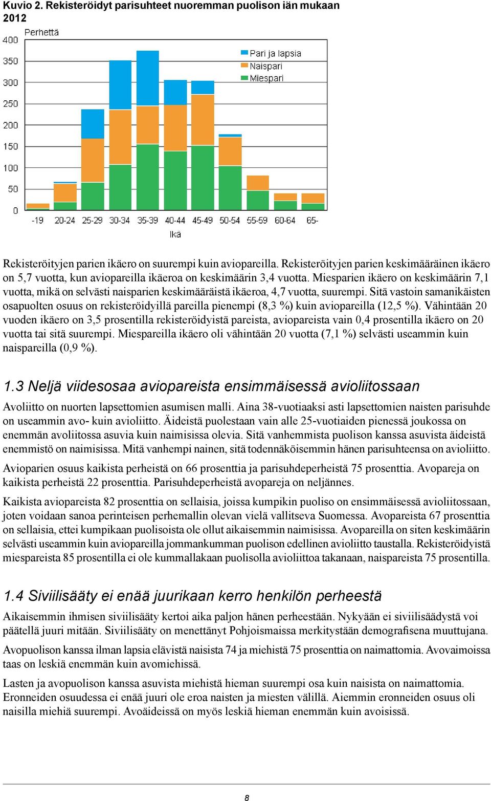 Miesparien ikäero on keskimäärin 7, vuotta, mikä on selvästi naisparien keskimääräistä ikäeroa,,7 vuotta, suurempi.