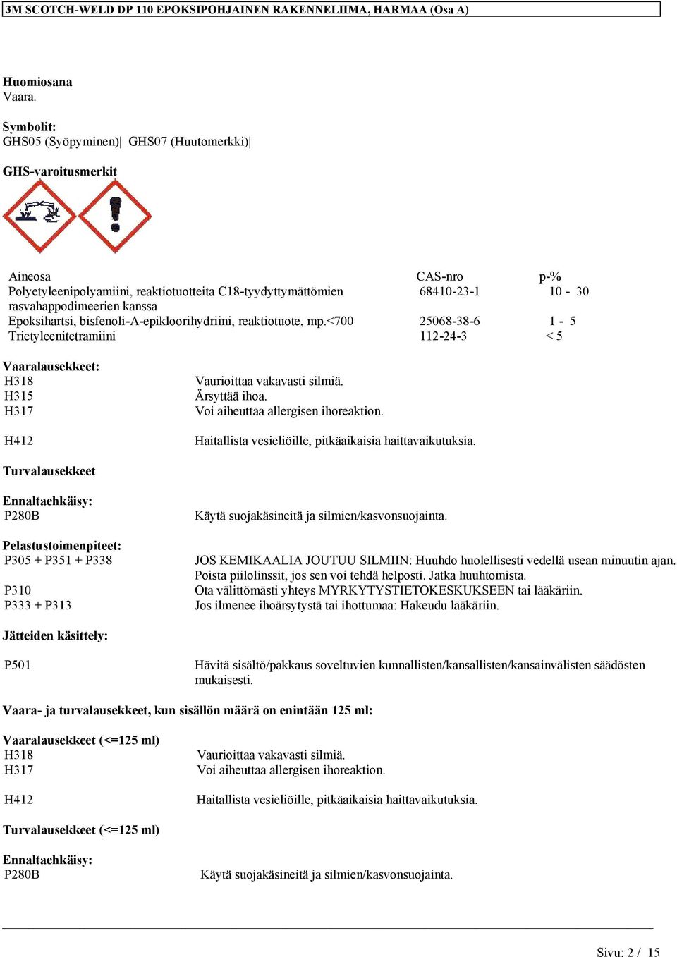 Epoksihartsi, bisfenoli-a-epikloorihydriini, 25068-38-6 1-5 Trietyleenitetramiini 112-24-3 < 5 Vaaralausekkeet: H318 H315 H317 H412 Vaurioittaa vakavasti silmiä. Ärsyttää ihoa.