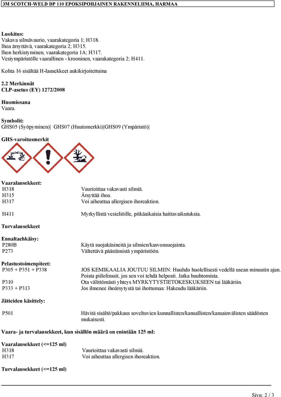 Symbolit: GHS05 (Syöpyminen) GHS07 (Huutomerkki) GHS09 (Ympäristö) GHS-varoitusmerkit Vaaralausekkeet: H318 H315 H317 H411 Vaurioittaa vakavasti silmiä. Ärsyttää ihoa.