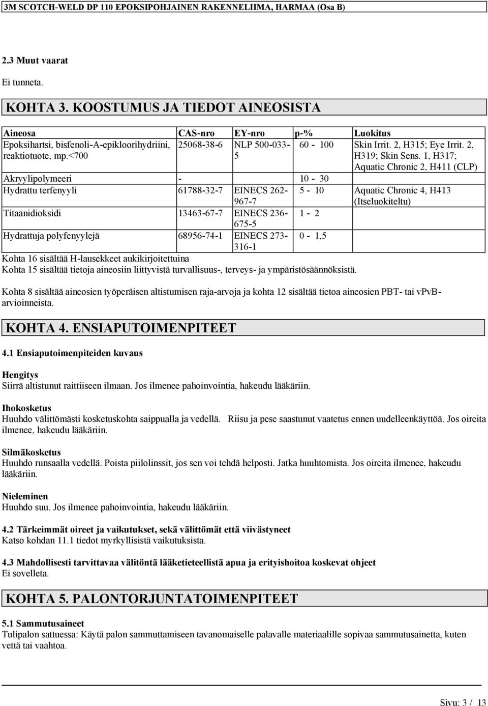 1, H317; Aquatic Chronic 2, H411 (CLP) Akryylipolymeeri - 10-30 Hydrattu terfenyyli 61788-32-7 EINECS 262-967-7 5-10 Aquatic Chronic 4, H413 (Itseluokiteltu) Titaanidioksidi 13463-67-7 EINECS 236-1 -