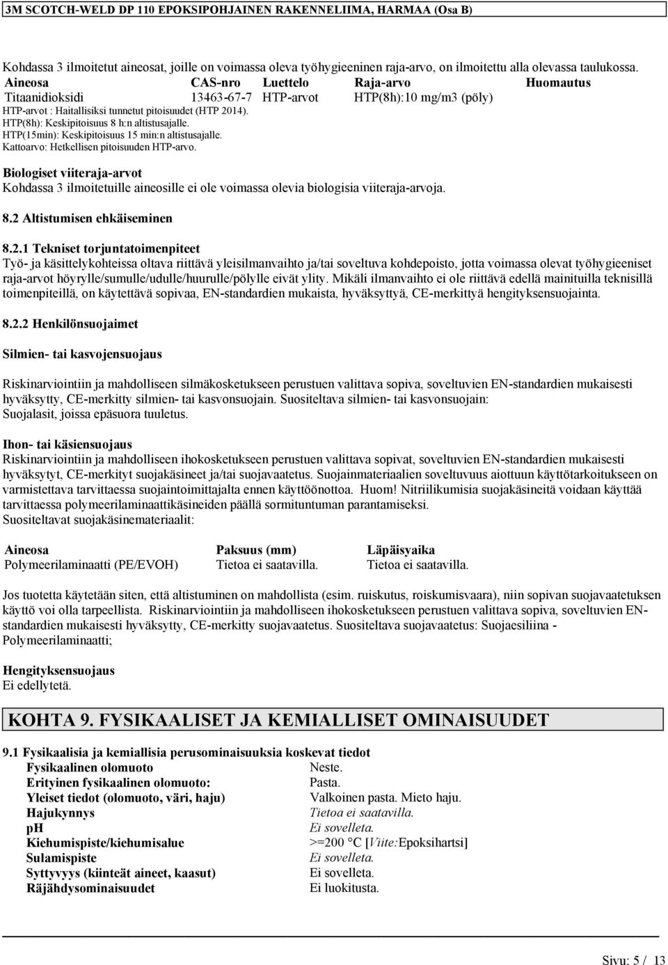 HTP(8h): Keskipitoisuus 8 h:n altistusajalle. HTP(15min): Keskipitoisuus 15 min:n altistusajalle. Kattoarvo: Hetkellisen pitoisuuden HTP-arvo.