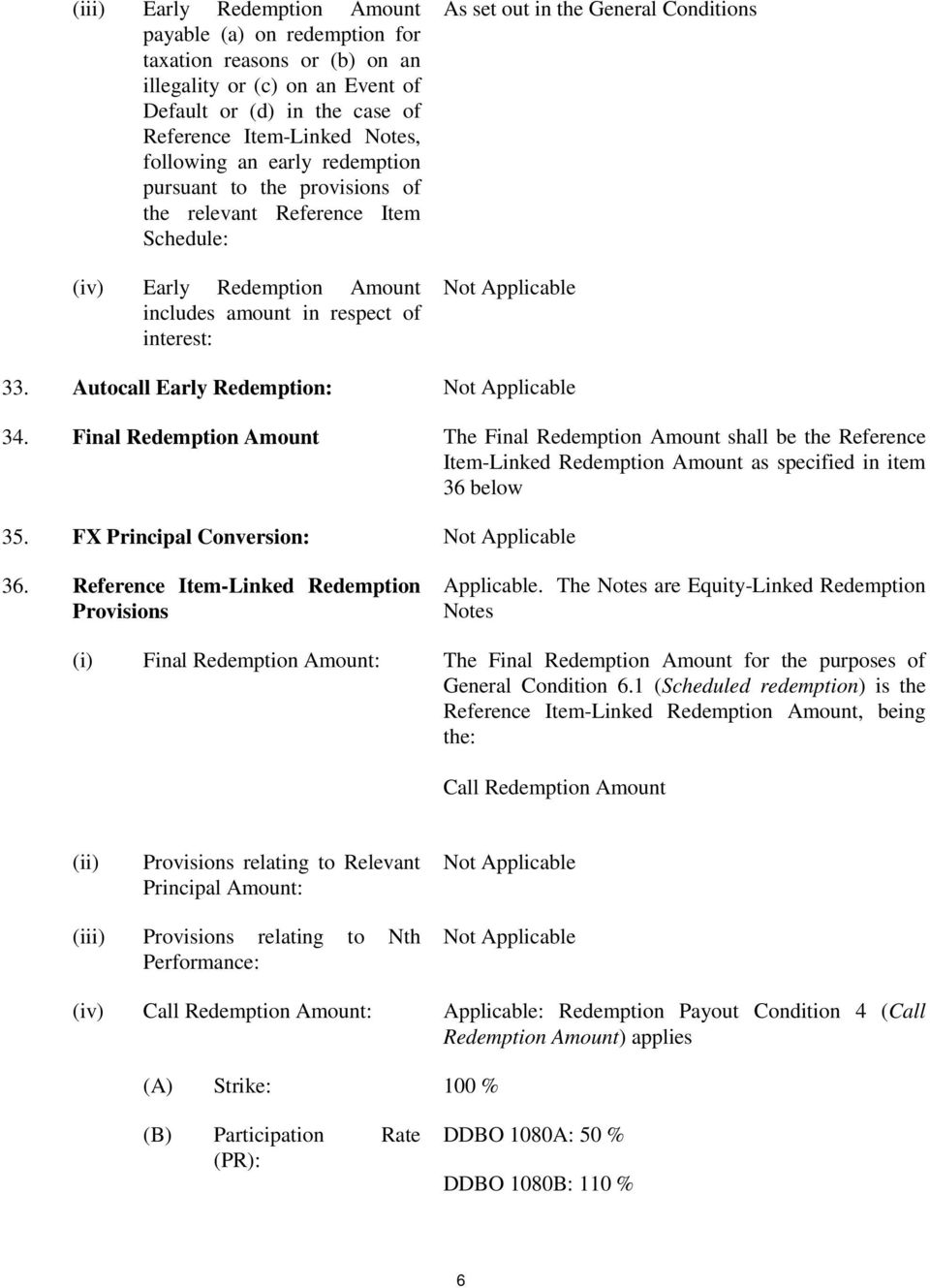 Applicable 33. Autocall Early Redemption: Not Applicable 34. Final Redemption Amount The Final Redemption Amount shall be the Reference Item-Linked Redemption Amount as specified in item 36 below 35.