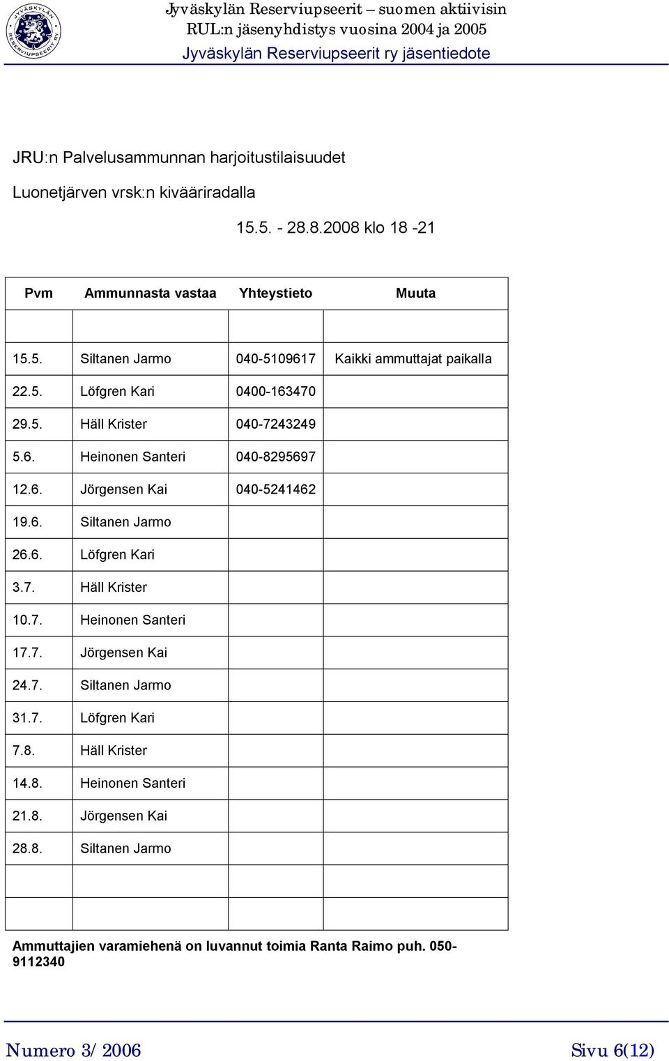 7. Häll Krister 10.7. Heinonen Santeri 17.7. Jörgensen Kai 24.7. Siltanen Jarmo 31.7. Löfgren Kari 7.8. Häll Krister 14.8. Heinonen Santeri 21.8. Jörgensen Kai 28.